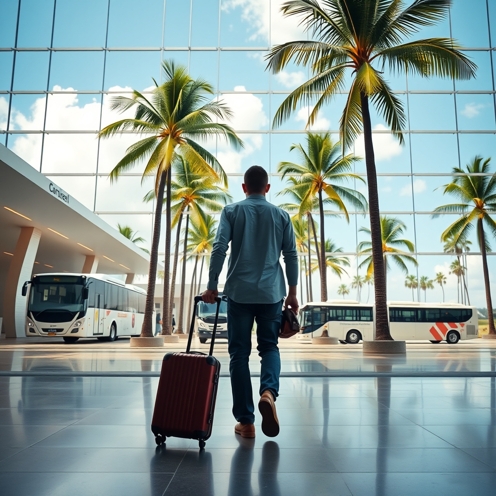 Viajero con maleta saliendo de una terminal de aeropuerto con palmeras