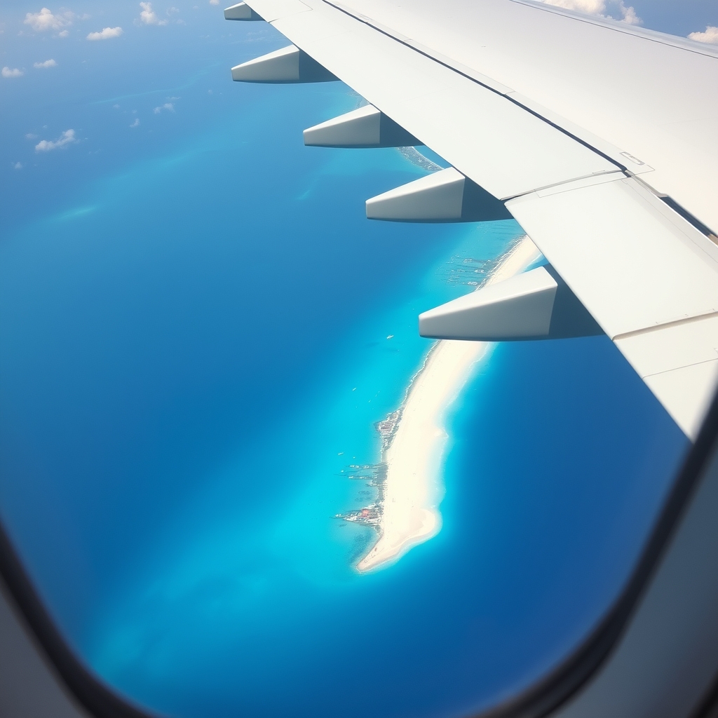 Caribbean coastline seen from a plane window