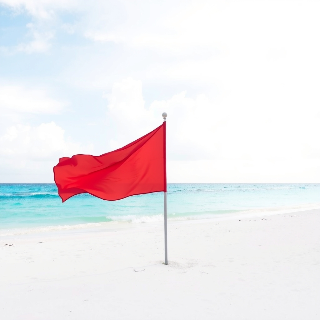 Red flag on a white sand beach by the Caribbean Sea