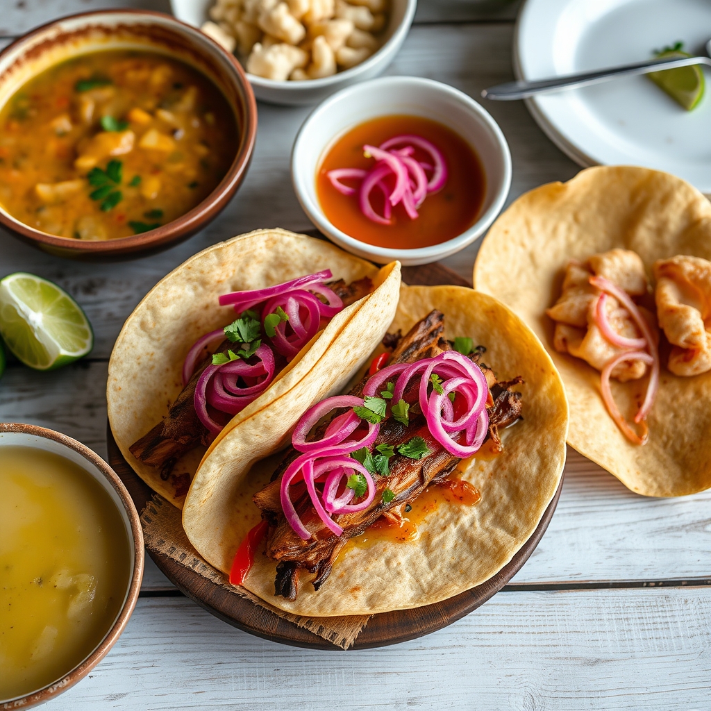 Tacos de cochinita pibil con cebolla morada y sopa de lima
