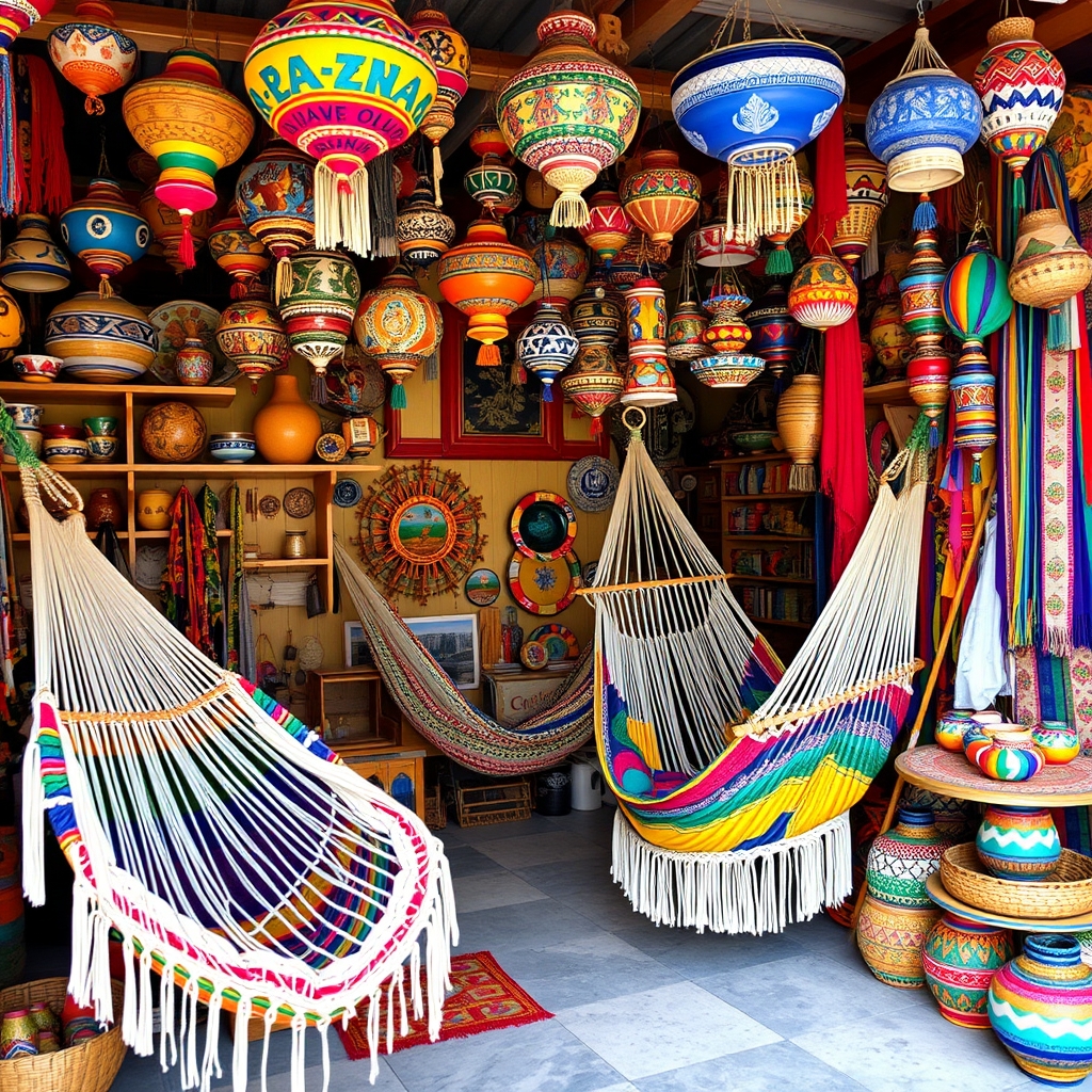 Puesto de artesanía mexicana con hamacas y cerámica de colores