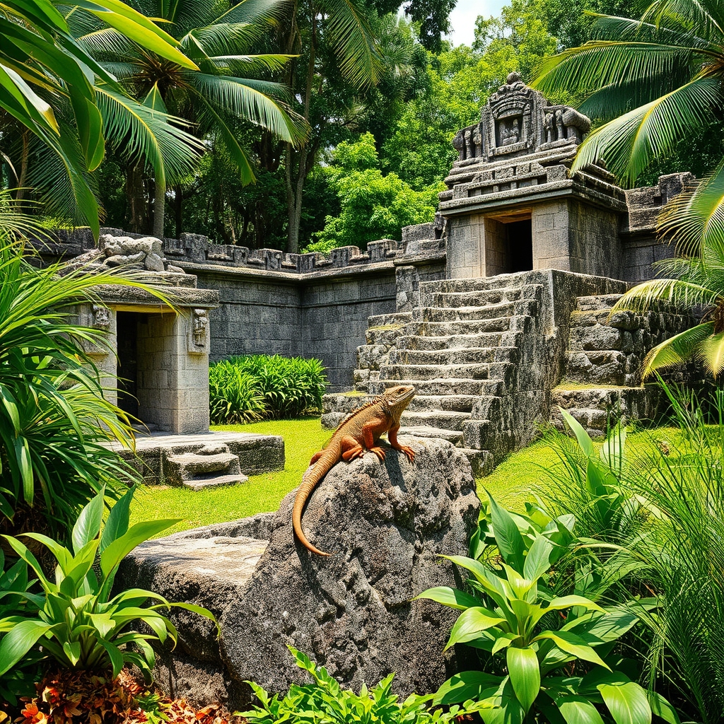 Maya stone ruins among tropical vegetation