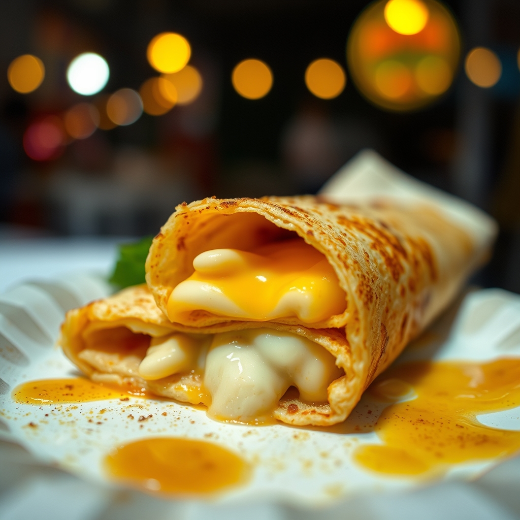 Rolled crepe filled with melted cheese, Mexican street food